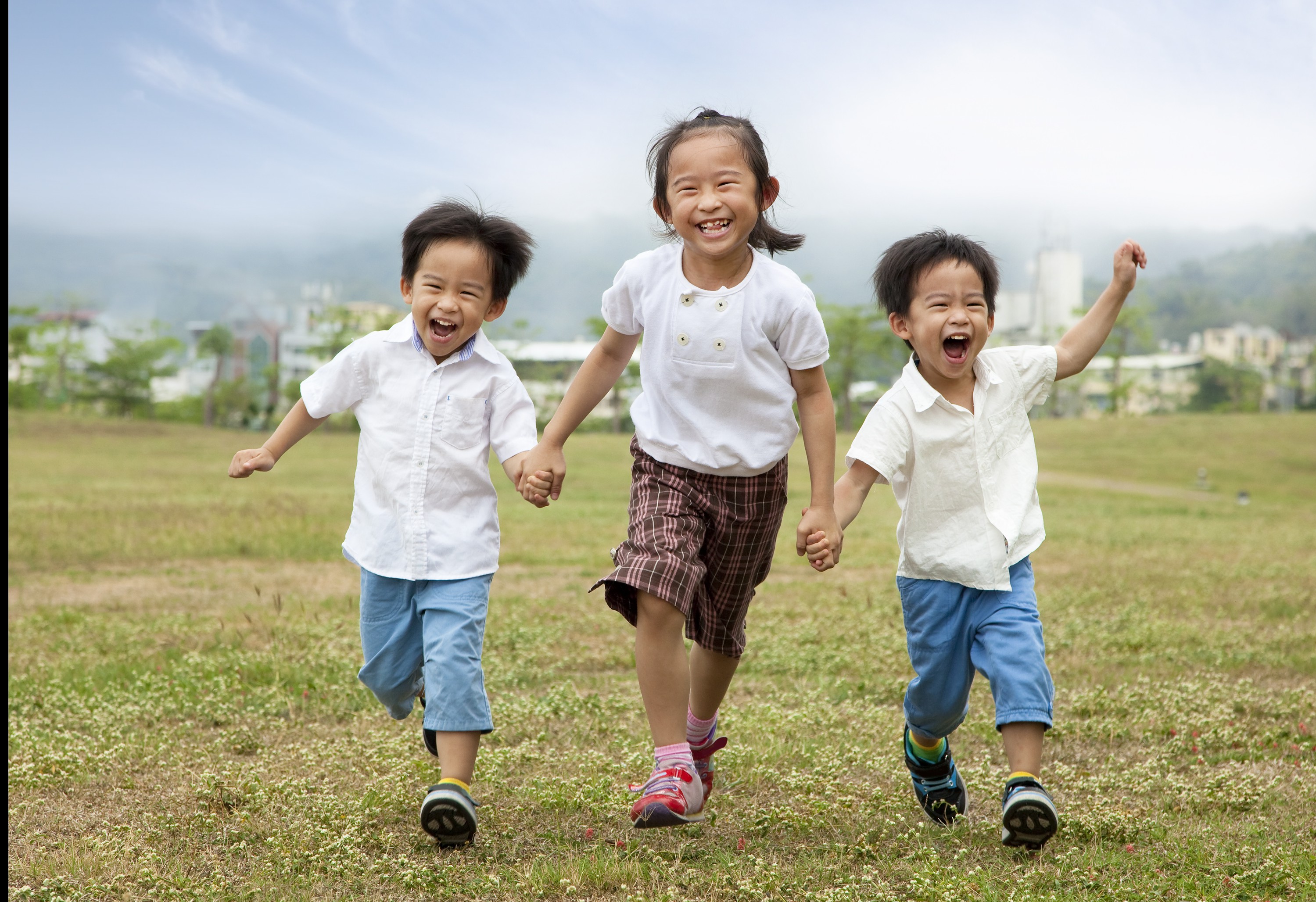 happy running asian kids