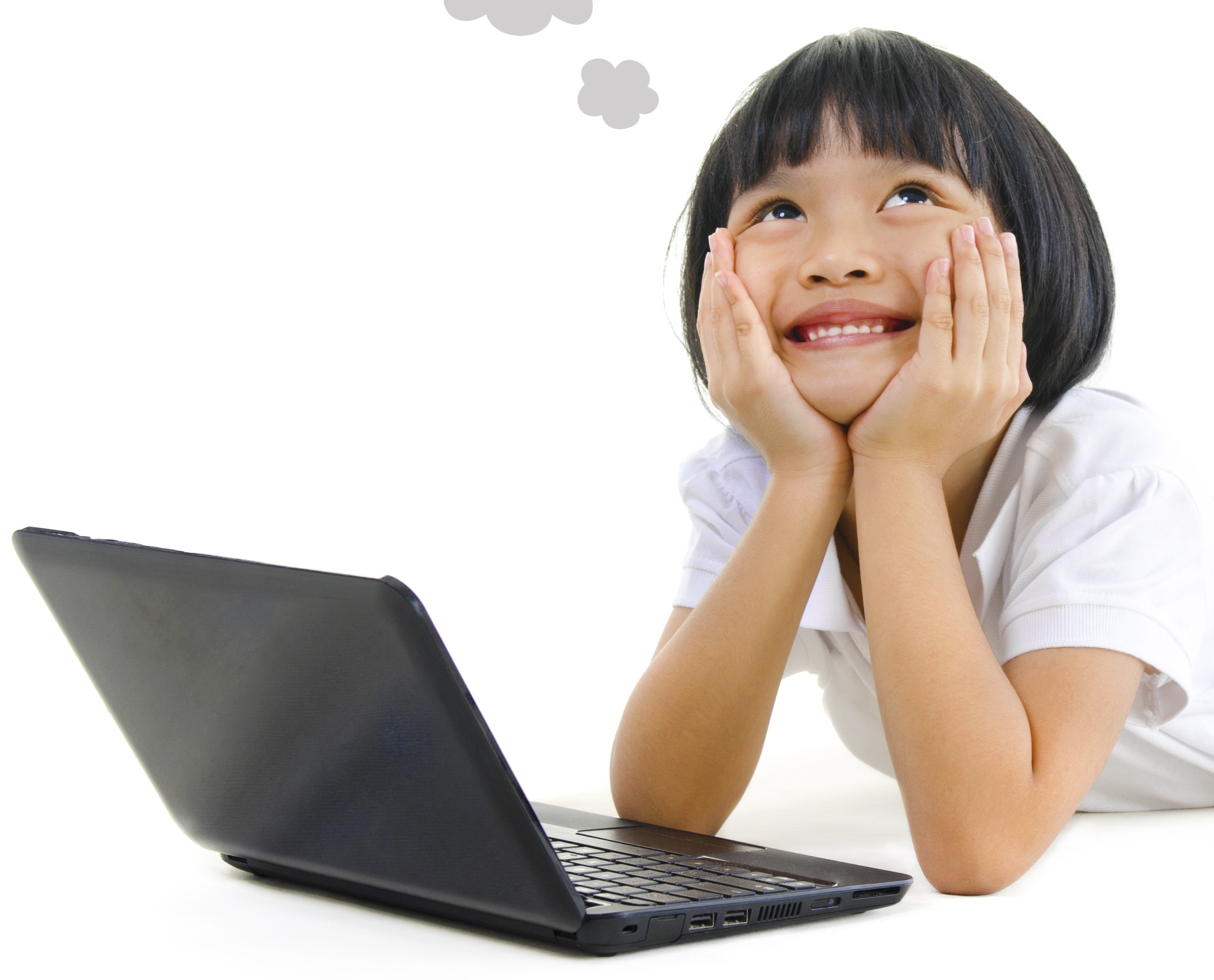 Pan Asian school girl using laptop and looking up